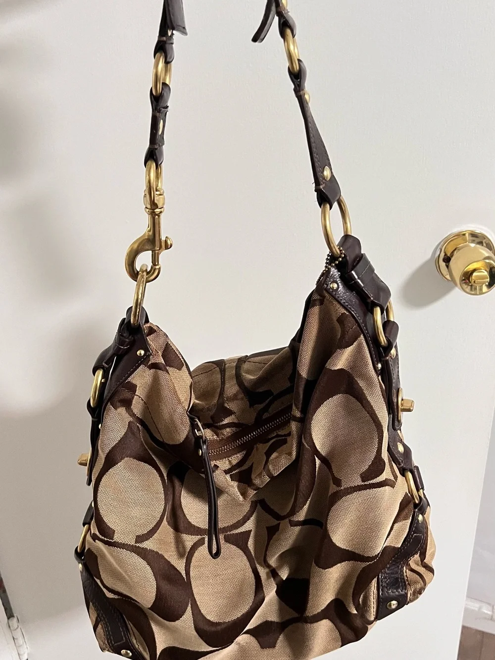 Coach Brown Signature Canvas Hobo Shoulder Bag with Dark Brown Trim